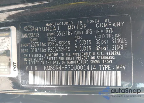 2013 Hyundai Santa Fe Limited from USA, damaged, VIN KM8SR4HF7DU001414